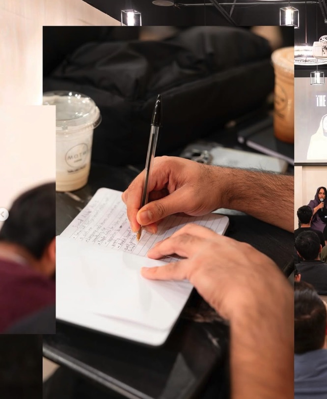 Nuun writing session collage with speaker and table discussion
